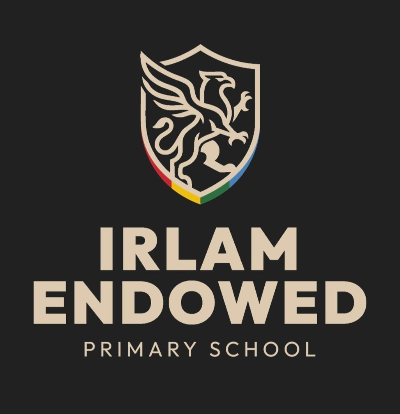 White circle logo for Tatham Endowed Primary School on a maroon background