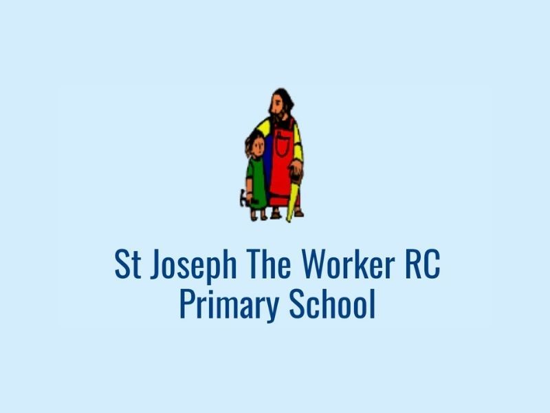 St Joseph The Worker RC Primary School logo with a saint and child on a light blue background