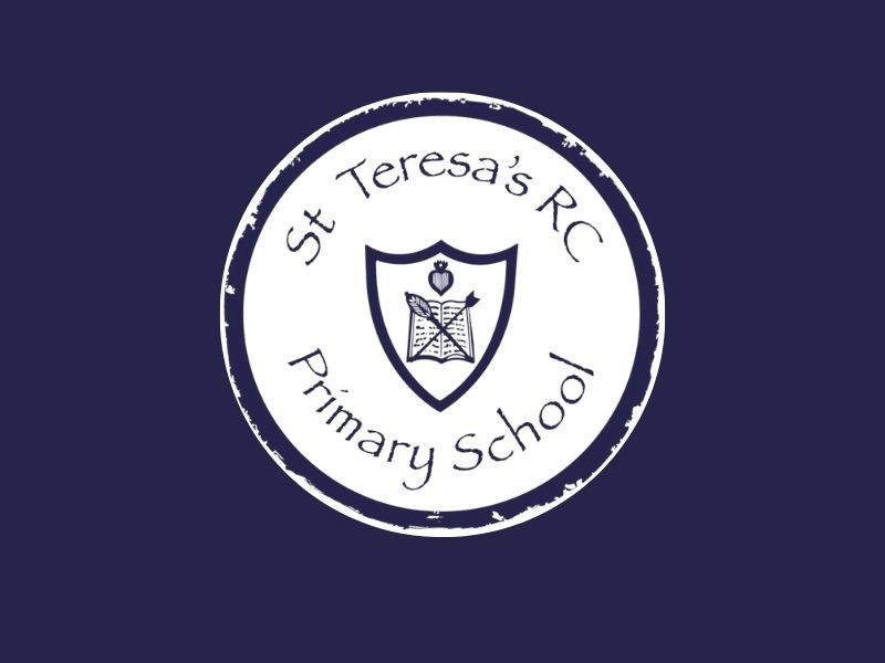 St. Teresa’s RC Primary School circular logo in white on a dark blue background