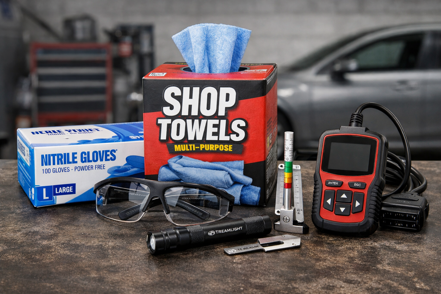 Tools and supplies for car repair: gloves, shop towels, scanner, safety glasses, flashlight, and more.