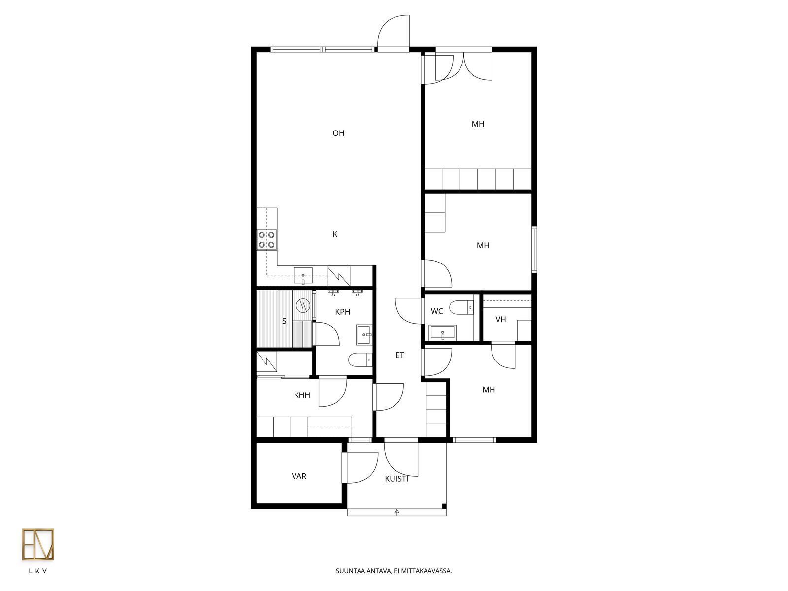 Kangasalan Kalla A1 pohjakuva. Kolmen makuuhuoneen yksitasoinen saunallinen asunto. 90m2.