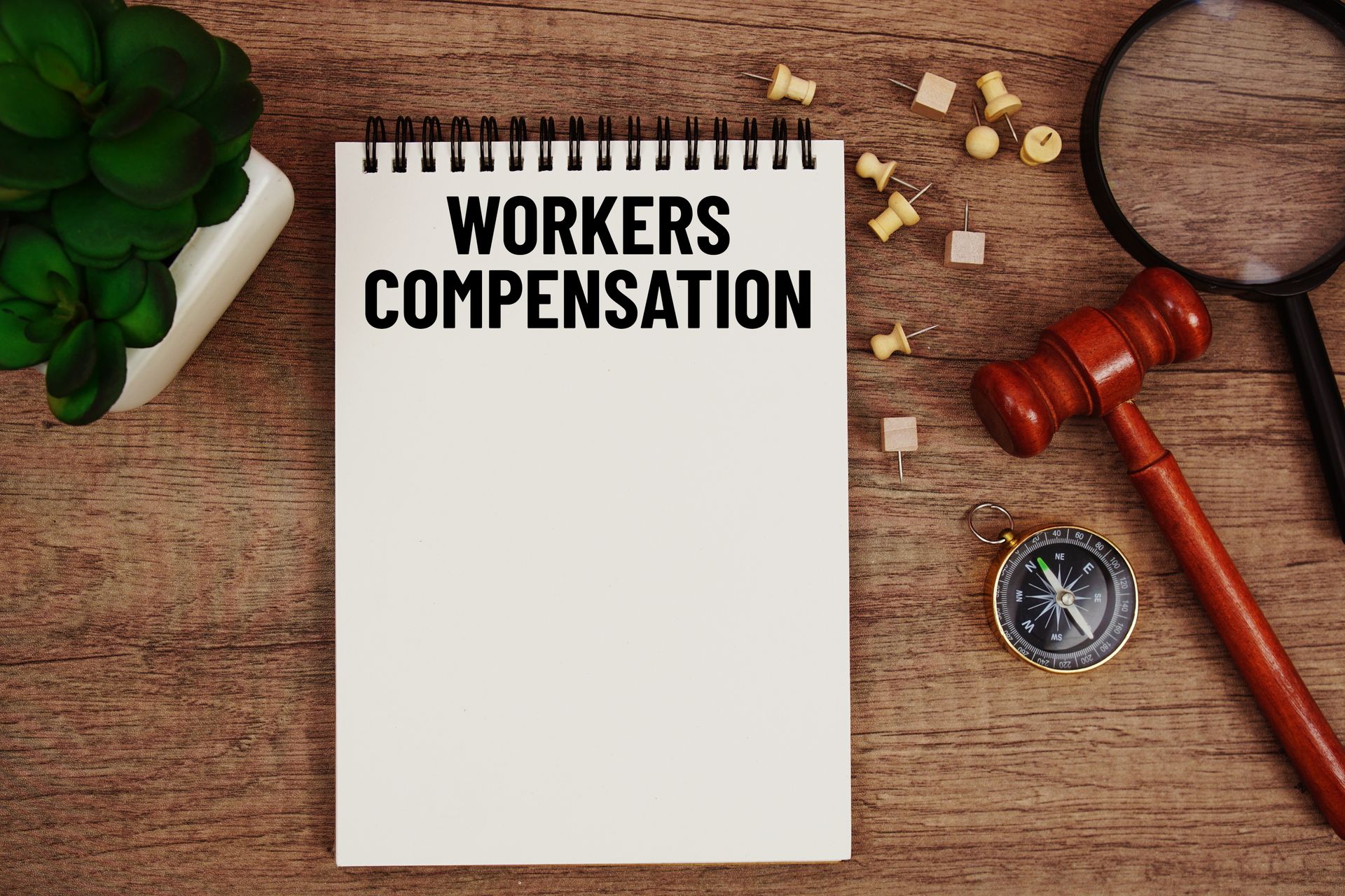 Worker's compensation note beside gavel and magnifier on wood. Worker's compensation note beside gavel and magnifier on wood.