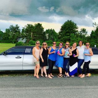Nine people stand in a line smiling in front of a silver stretch limousine parked on a paved road against a cloudy sky.