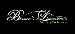 Logo for "Bianco's Limousine & Luxury Car Service" with elegant white text and a green car outline on a black background.