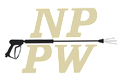Golden NP/PW letters crossed by a black rifle silhouette with a tan grip and muzzle flash lines