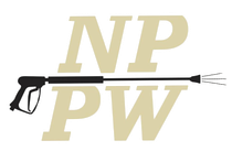 Golden NP/PW letters crossed by a black rifle silhouette with a tan grip and muzzle flash lines