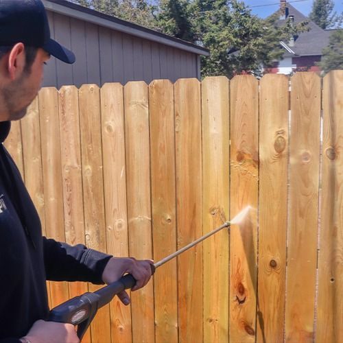 Person pressure-washing a light wood fence in a backyard.