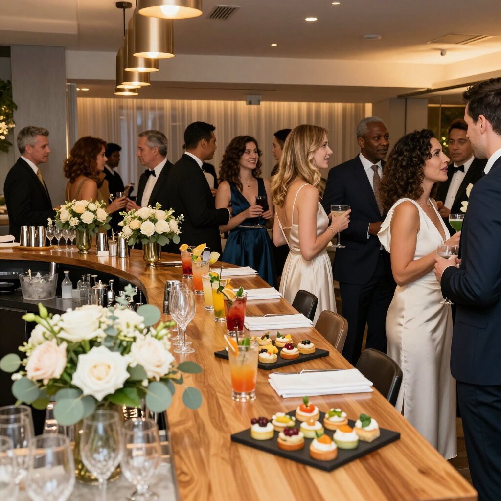 Les invités se mêlent autour d'un buffet lors d'une réception formelle en intérieur, agrémentée de fleurs, de boissons et d'amuse-gueules.