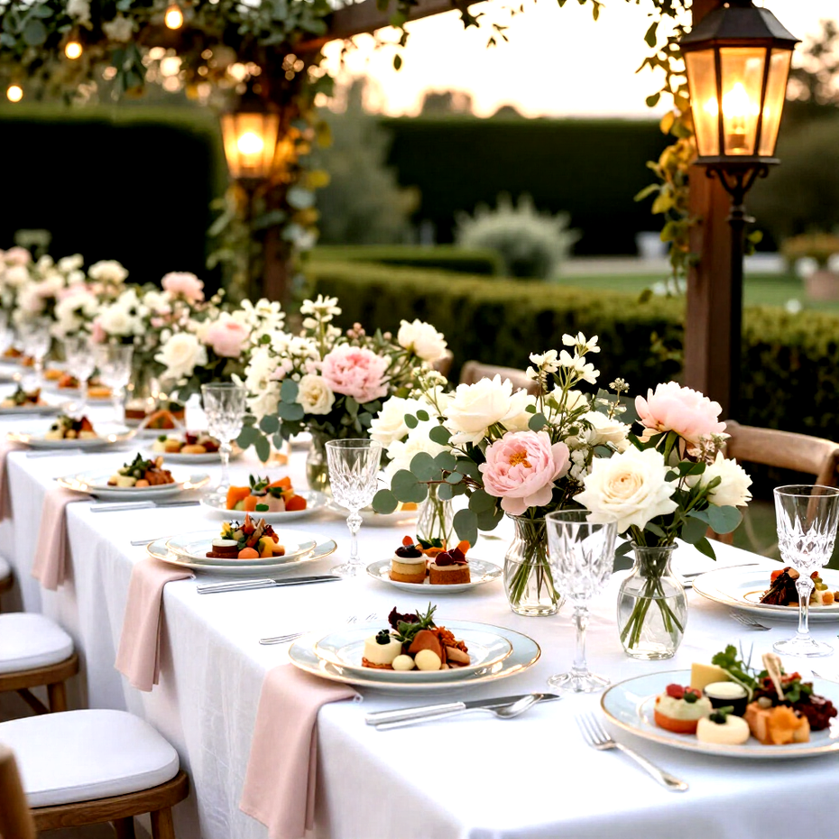 Élégante table de banquet en plein air avec nappes blanches, centres de table floraux roses et plats dressés sous des lanternes chaleureuses.