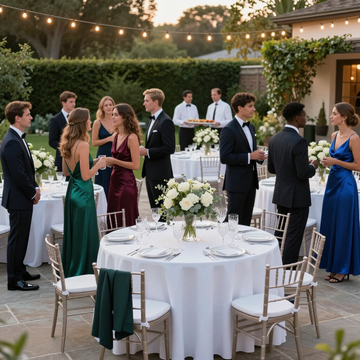 Les invités se mêlent lors d'une élégante réception en plein air, avec des tables nappées de blanc et des guirlandes lumineuses.