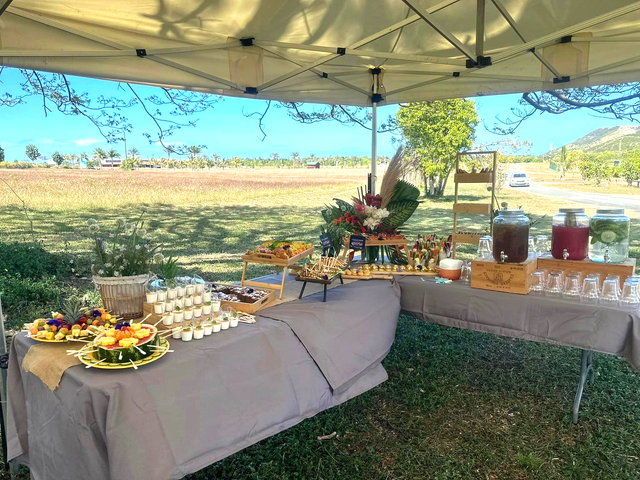Buffet extérieur sous un auvent avec fruits, pâtisseries, bocaux et fleurs dans un champ herbeux