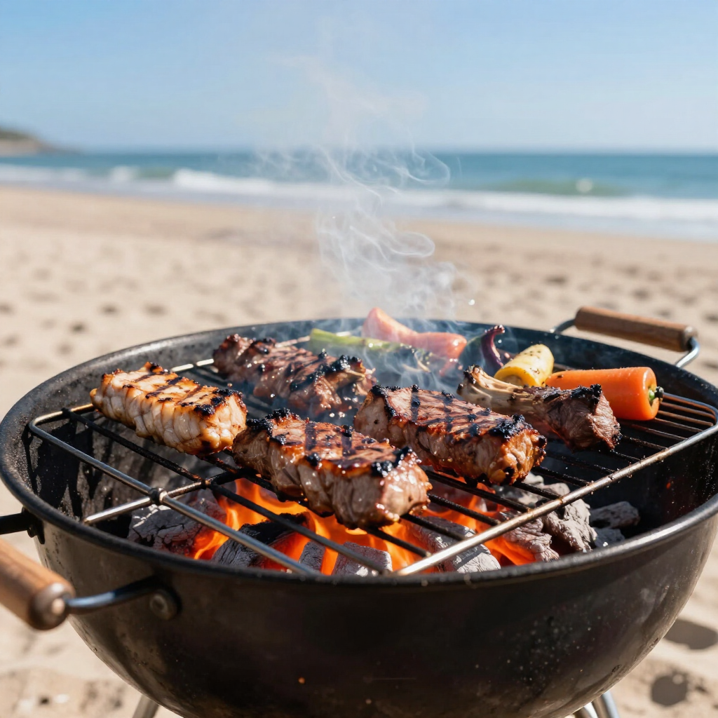 Viandes et légumes grillés à la vapeur sur un barbecue sur une plage ensoleillée