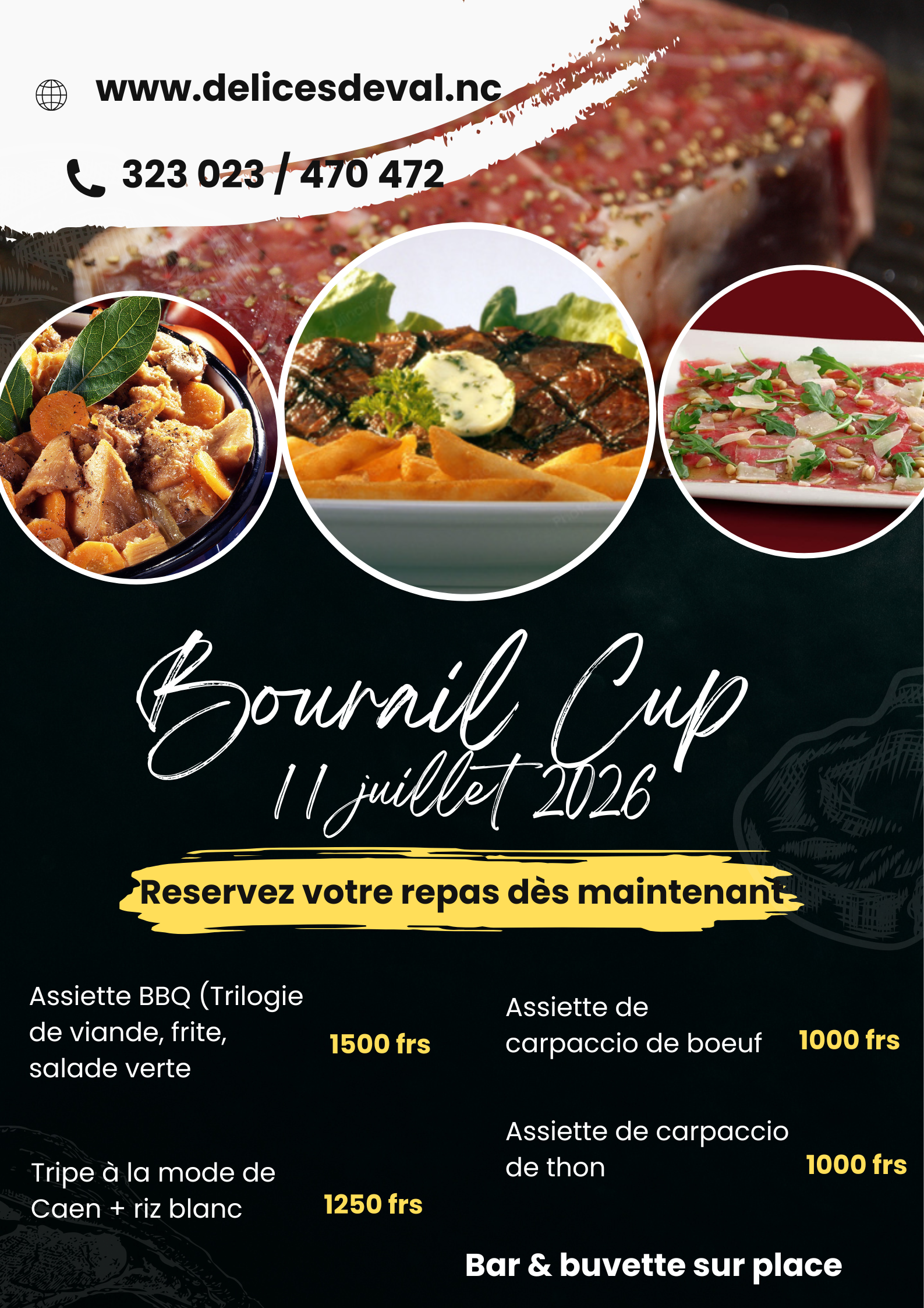Flyer de restaurant pour un événement de dégustation de coupes gourmandes, avec trois bols de nourriture sur fond sombre et les informations de réservation.