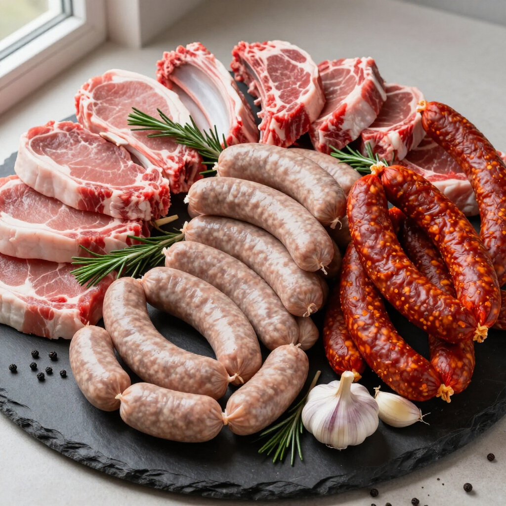 Saucisses crues et côtelettes de porc disposées sur un plat d'ardoise noire avec de l'ail et des herbes.