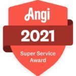 Angi 2021 Super Service Award badge in red and white with ribbon design