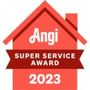 Angi Super Service Award 2023 badge with red house icon and white text