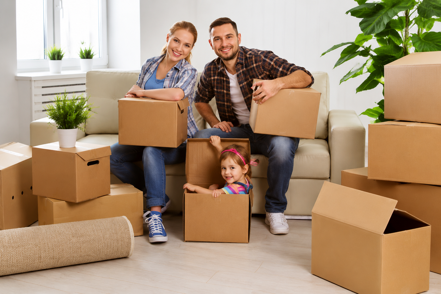 Family packing moving boxes in a bright living room, with a child peeking out of one box.