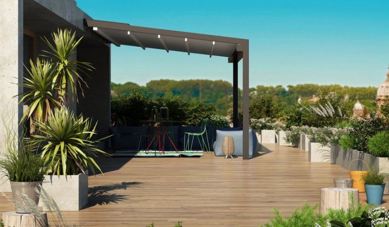 Rappresentazione artistica di una terrazza sul tetto con pergolato.