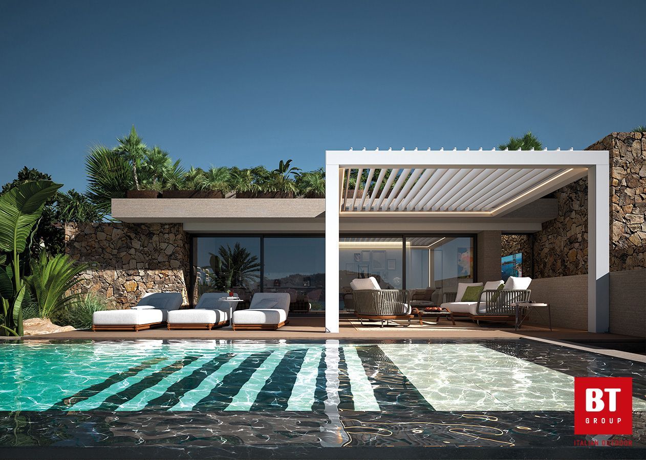 Rappresentazione artistica di una casa con piscina e pergolato.