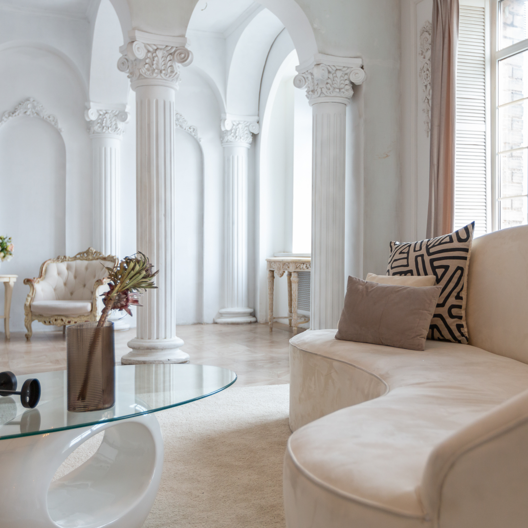 A living room with a couch and a coffee table
