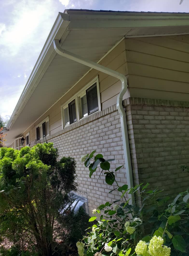 Side view of a brick house with beige siding, white gutters, windows, and green shrubs.