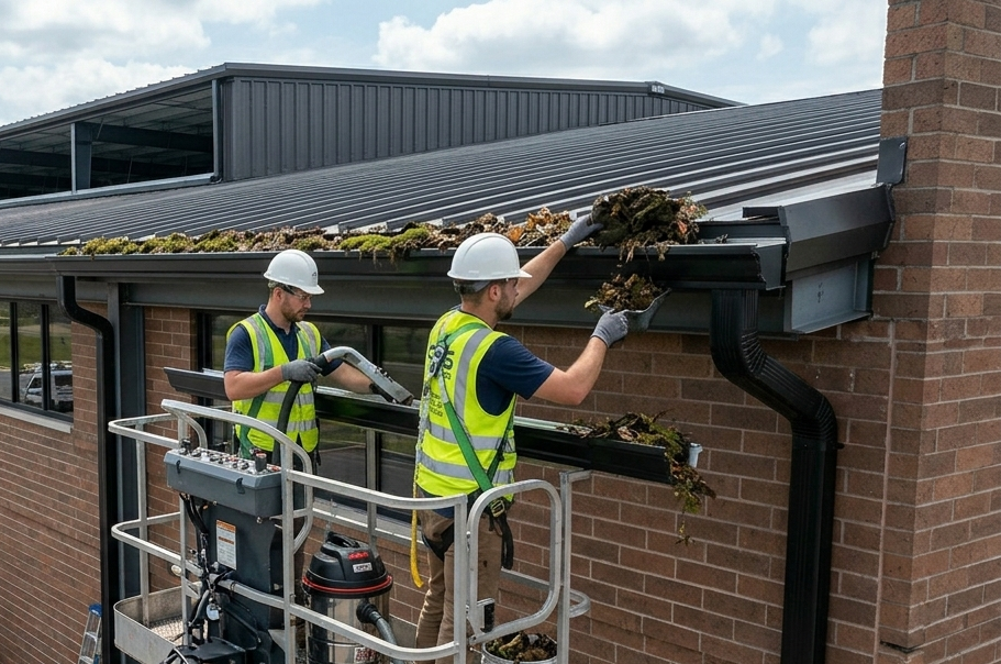 Two workers in safety gear on a lift platform clear debris from the gutter of a brick building.