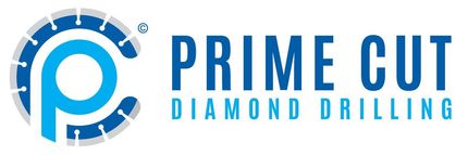 The logo for prime cut diamond drilling is blue and white.