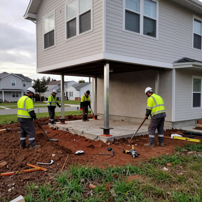 Workers in safety gear repair a house’s foundation on a muddy construction site.