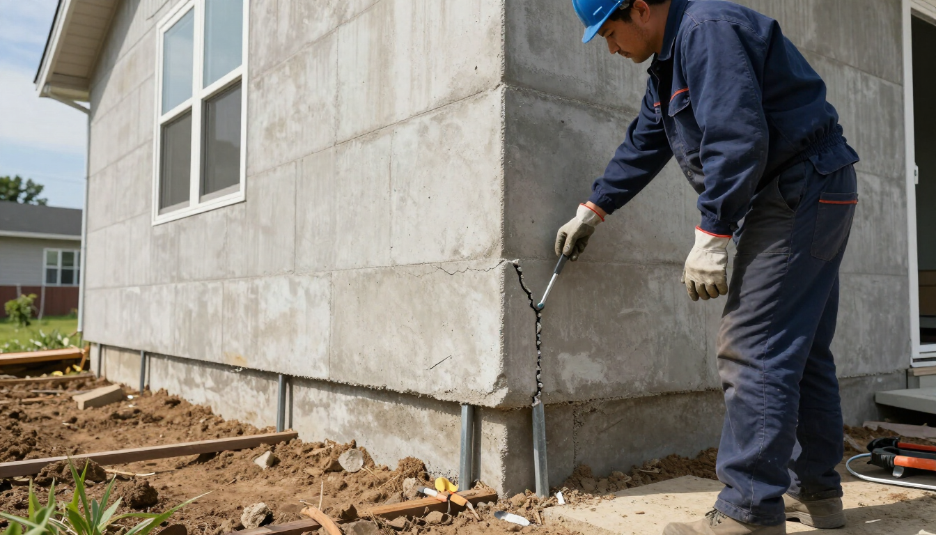 Worker waterproofs foundation wall with spray tool beside a house under construction