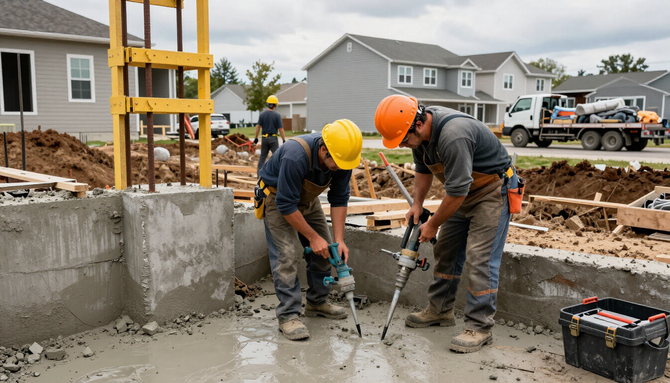 Construction workers in orange and yellow hard hats breaking concrete at a residential building site