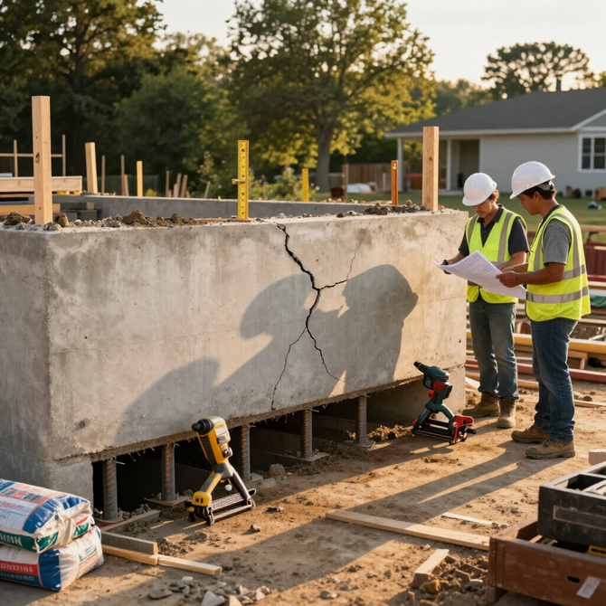 Construction workers inspecting a cracked concrete foundation at a building site