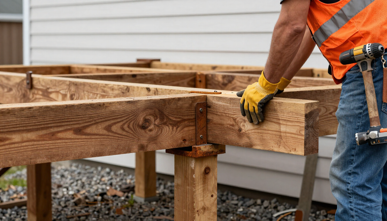 Worker in orange shirt and yellow gloves aligning a wooden frame on a house foundation.