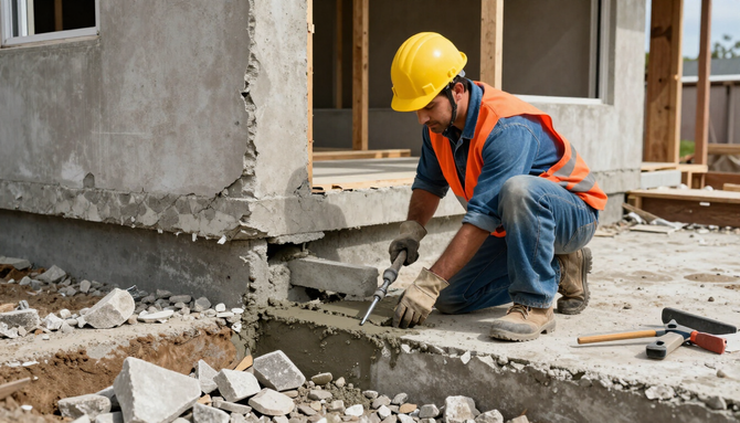 Construction worker in orange vest and yellow hard hat kneeling to clear debris beside a concrete foundation