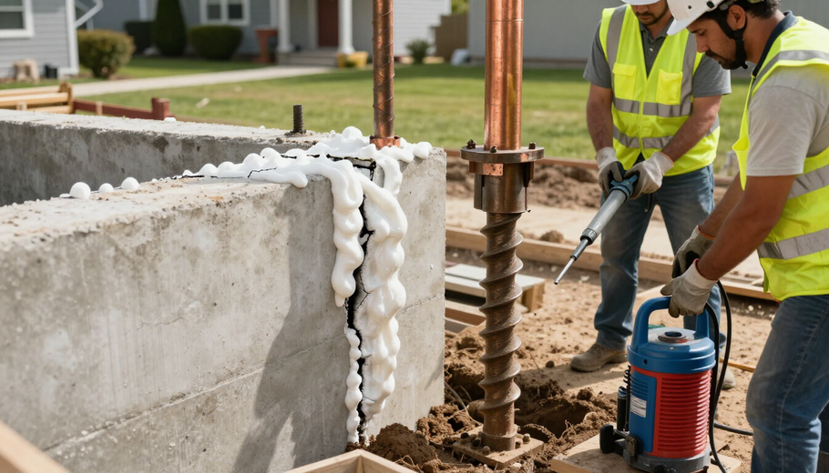 Construction workers pouring concrete into a foundation wall beside a house, with a pump and rebar.