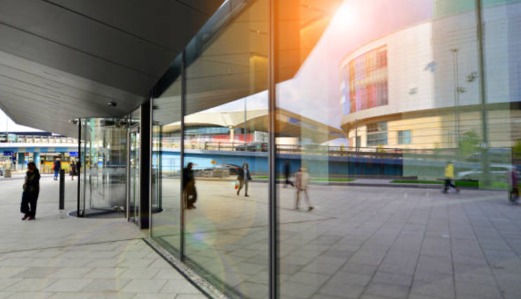 a photo of a tinted mall window