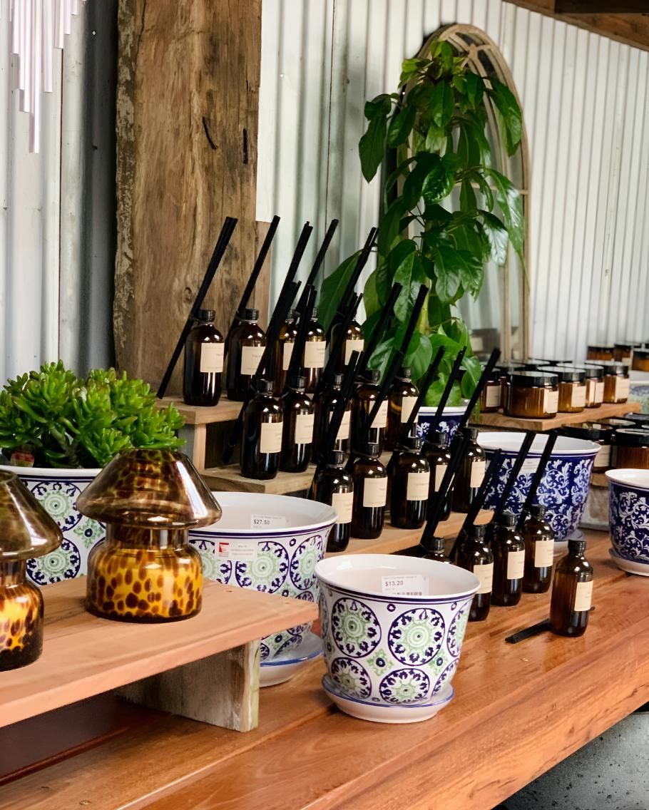 A Wooden Table Topped With a Variety of Potted Plants and Bottles — Black Rock Garden Centre In Tyagarah, NSW