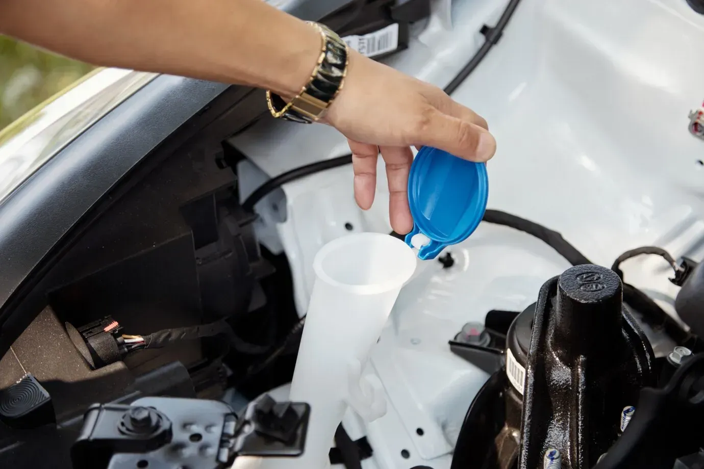 A person is pouring water into a cup under the hood of a car.