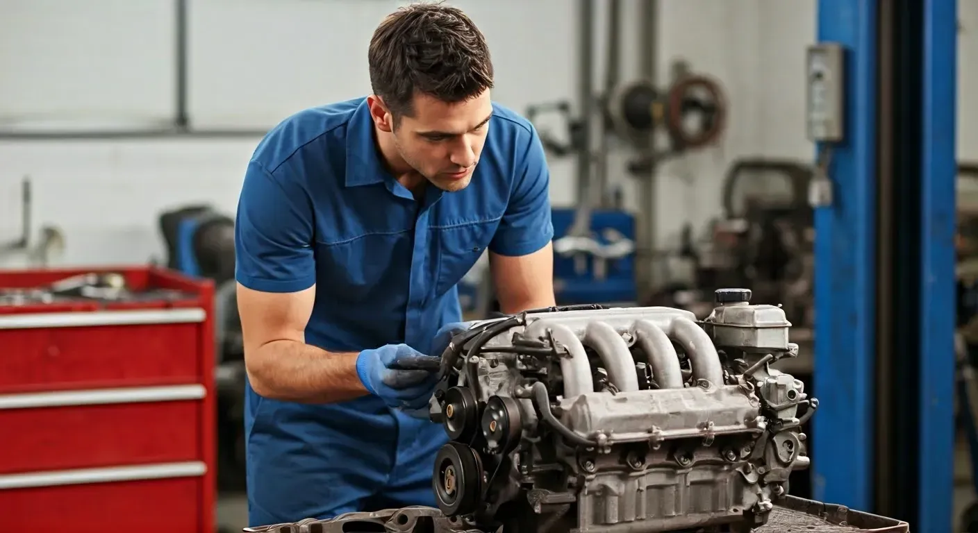 A man is working on a car engine in a garage.