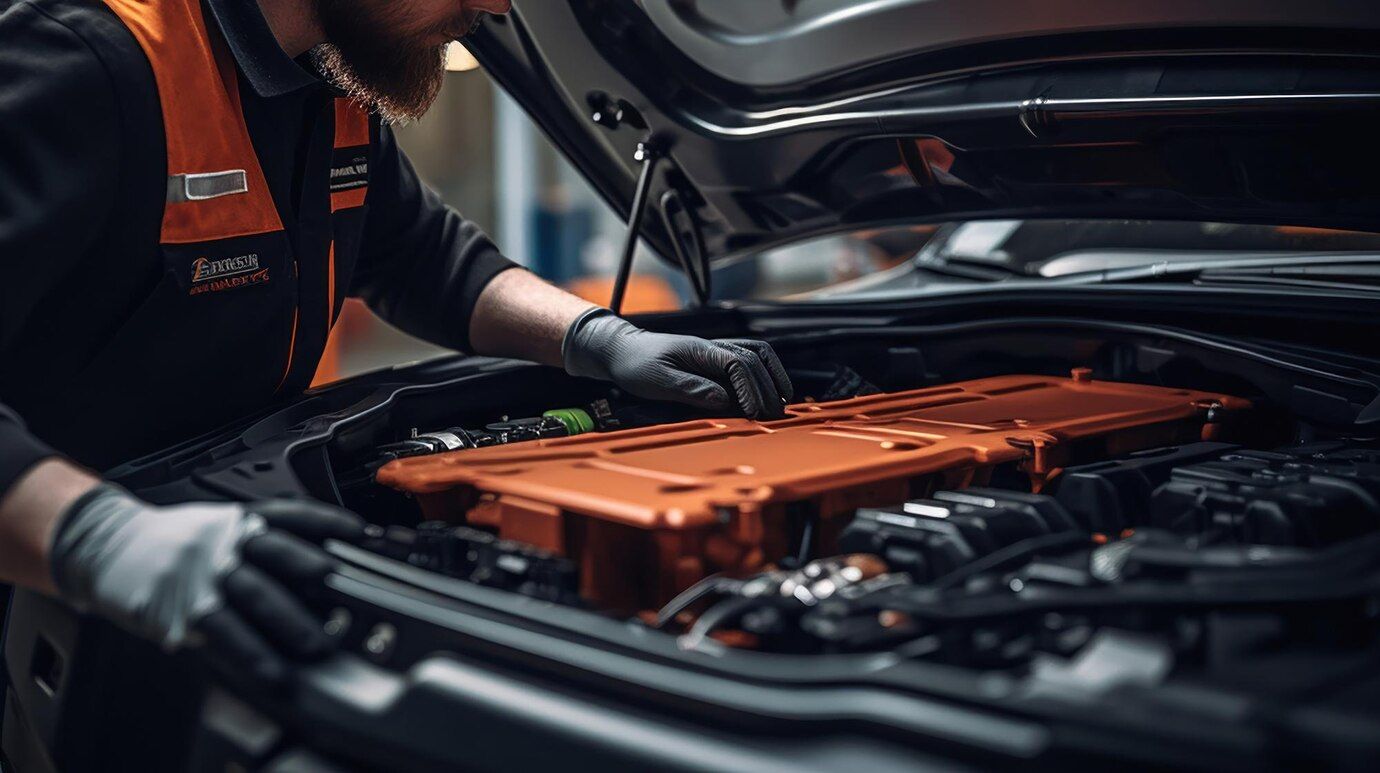 A man is working on the engine of a car with the hood open.