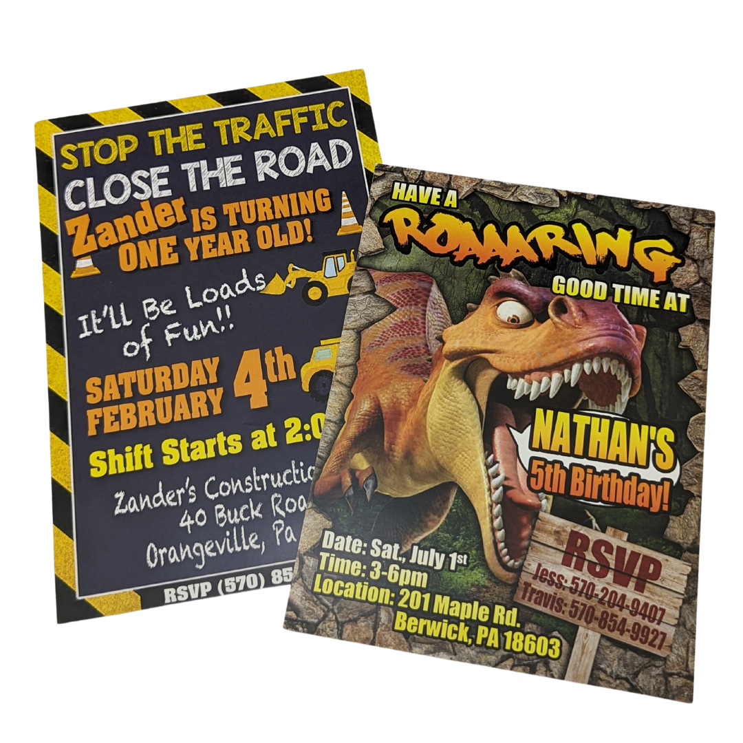 A birthday invitation with a dinosaur on it