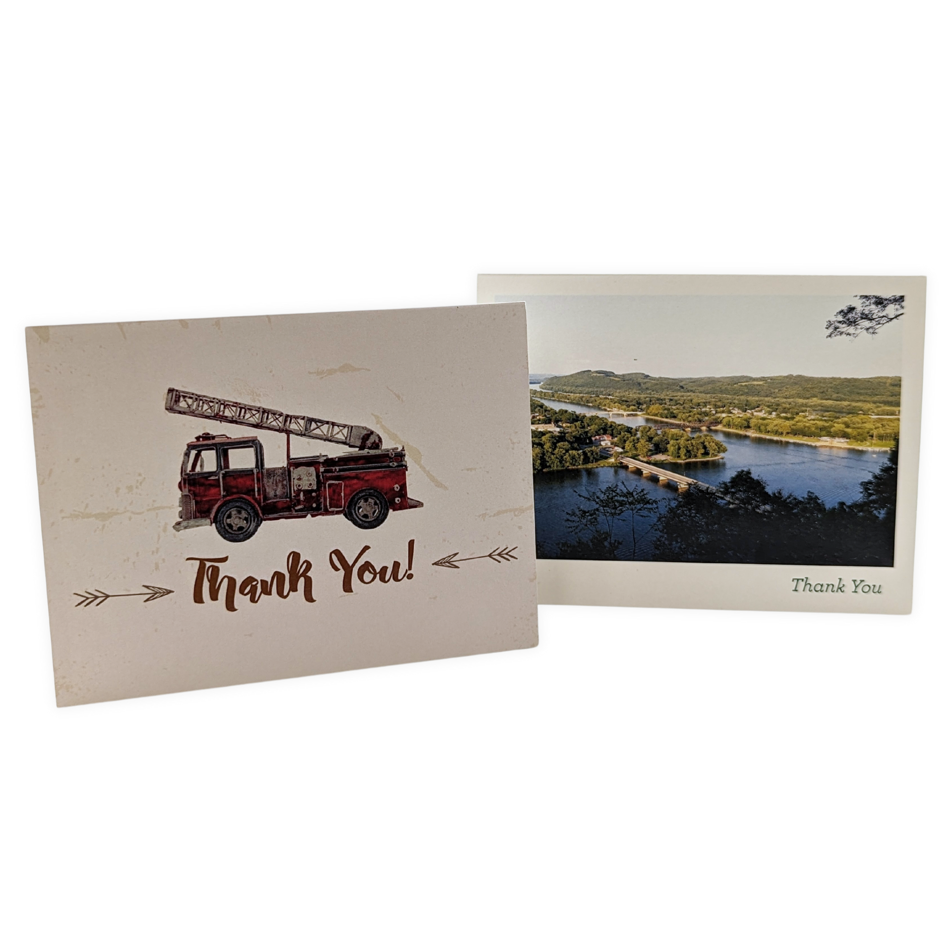 A thank you card with a picture of a fire truck and one with a picture of a river by press enterprise commercial printing