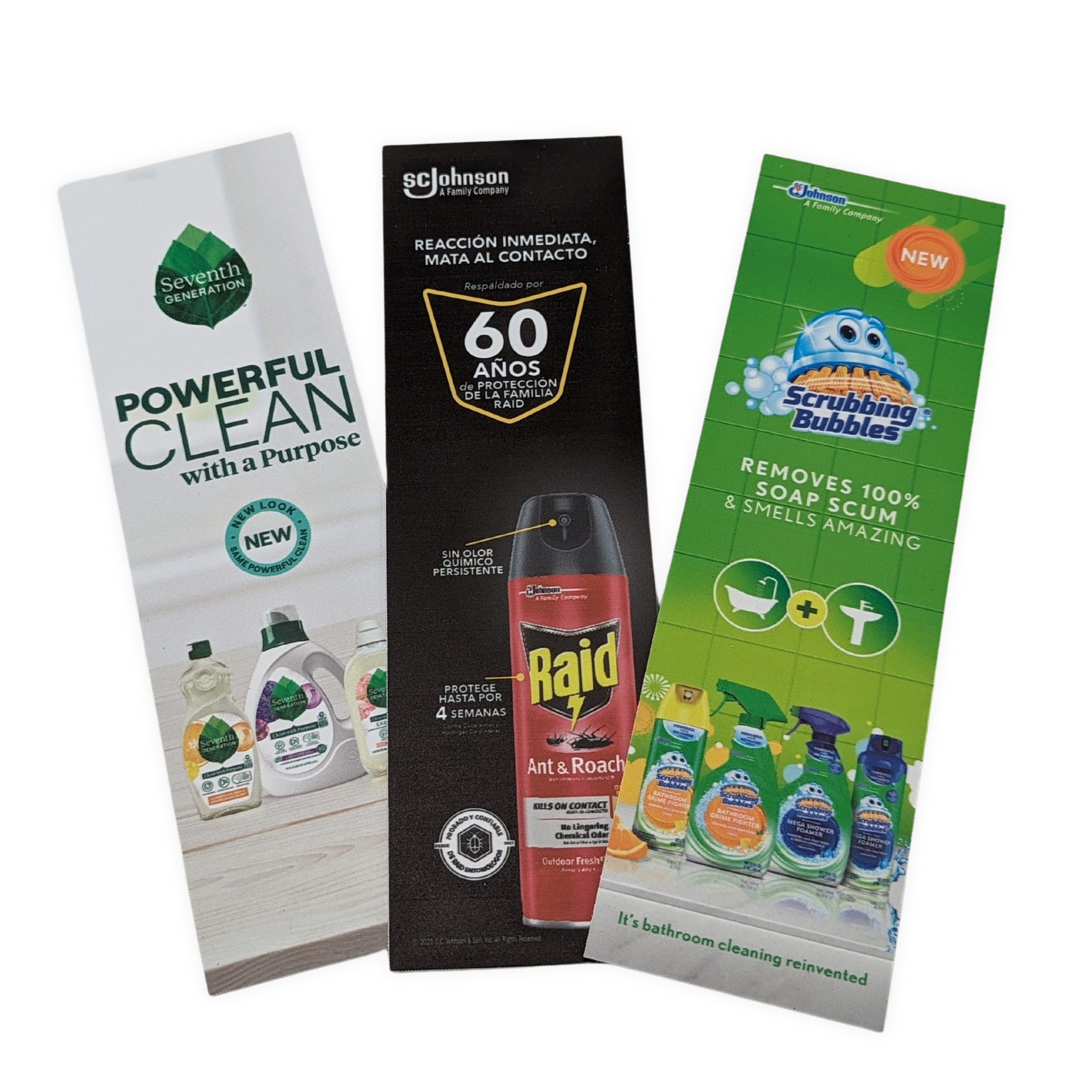 Three different types of cleaning products are displayed on a table by press enterprise commercial printing