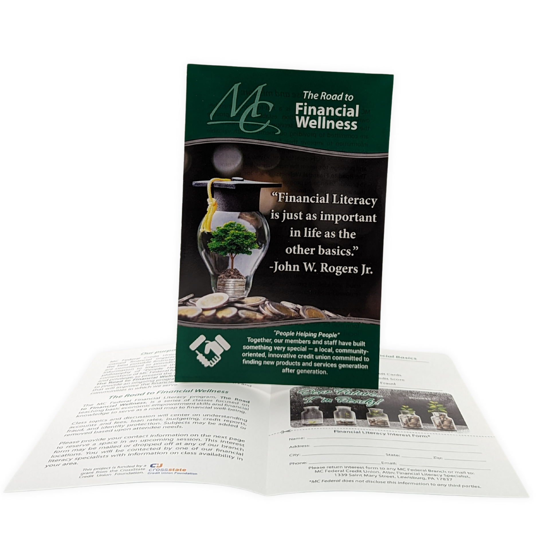 A brochure for financial wellness shows a light bulb with a tree in it by Press Enterprise Commercial Printing