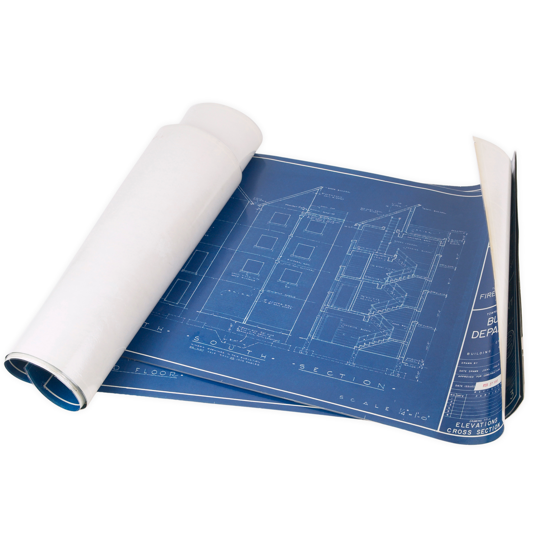 A blueprint is rolled up on a white surface by press enterprise commercial printing