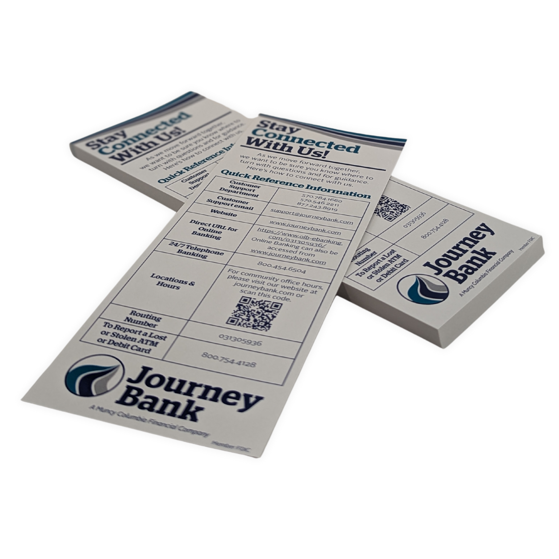 Three journey bank coupons are stacked on top of each other on a white background by press enterprise commercial printing