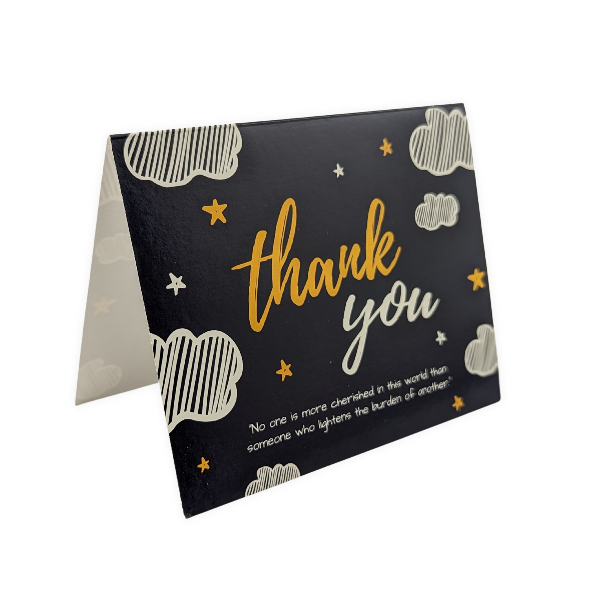 A black and gold thank you card with clouds and stars by press enterprise commercial printing