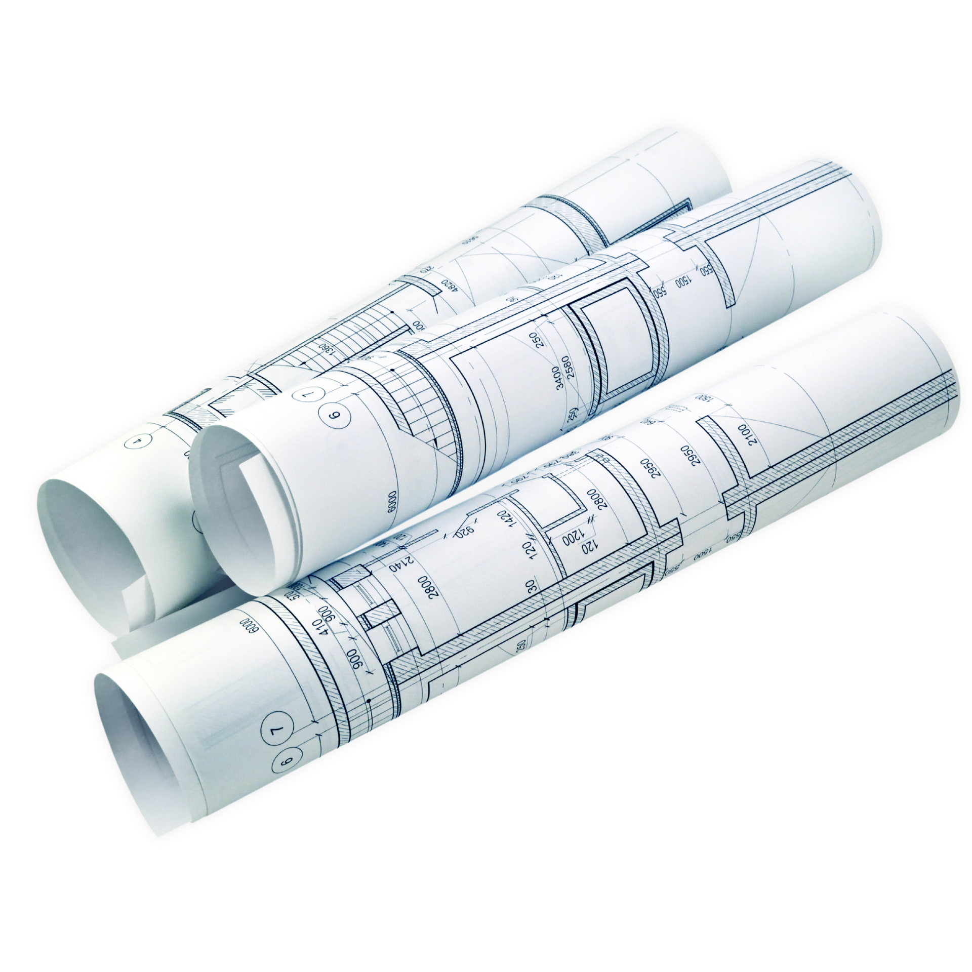 Three rolls of blueprints are stacked on top of each other on a white background