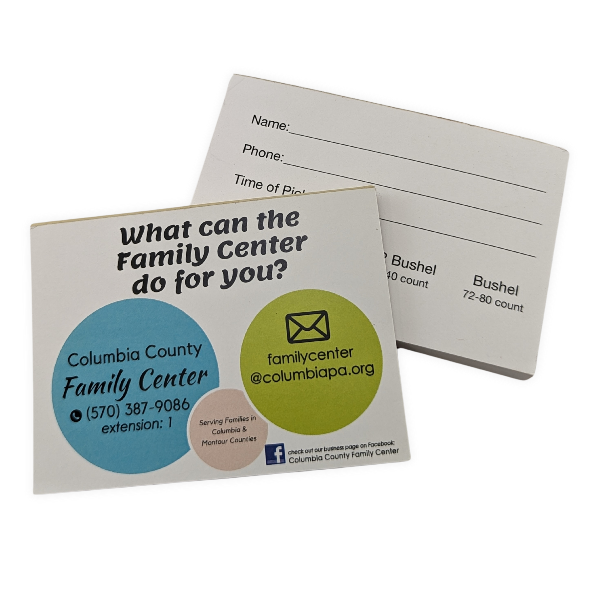 A card that says what can the family center do for you by Press Enterprise Commercial Printing