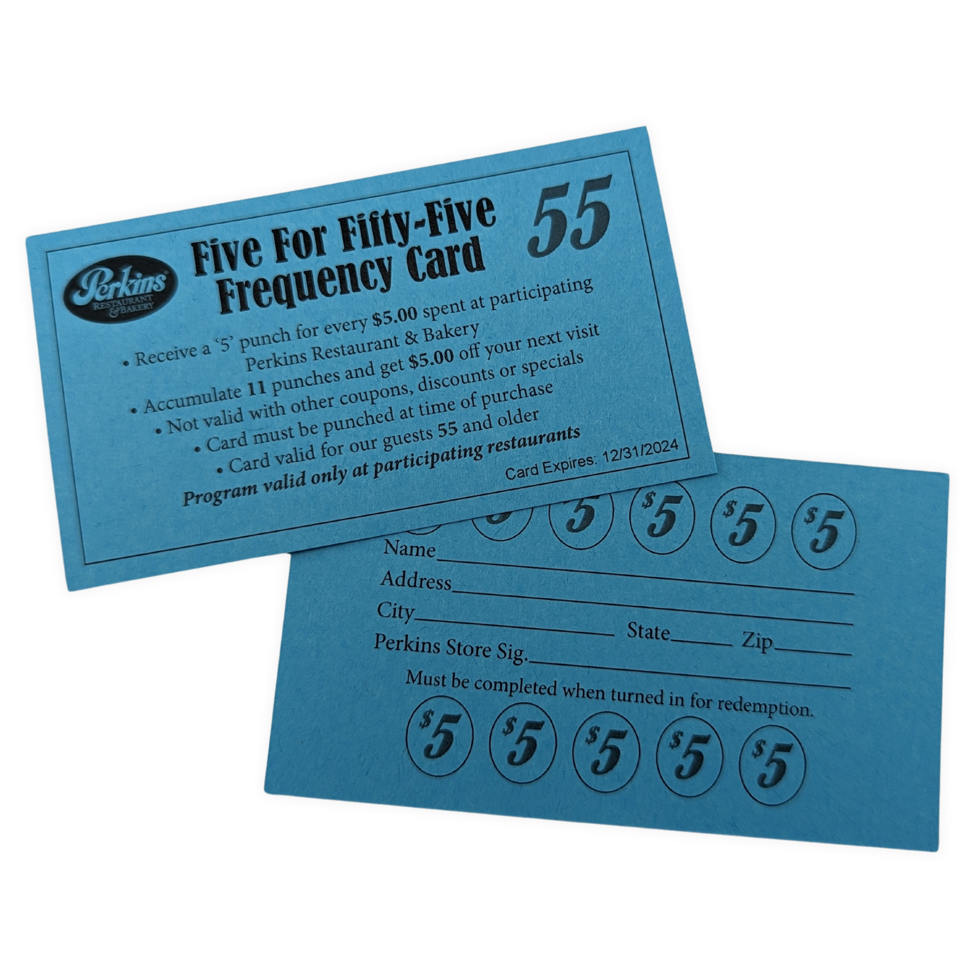 A blue card that says five for fifty-five frequency card 55 by Press Enterprise Commercial Printing