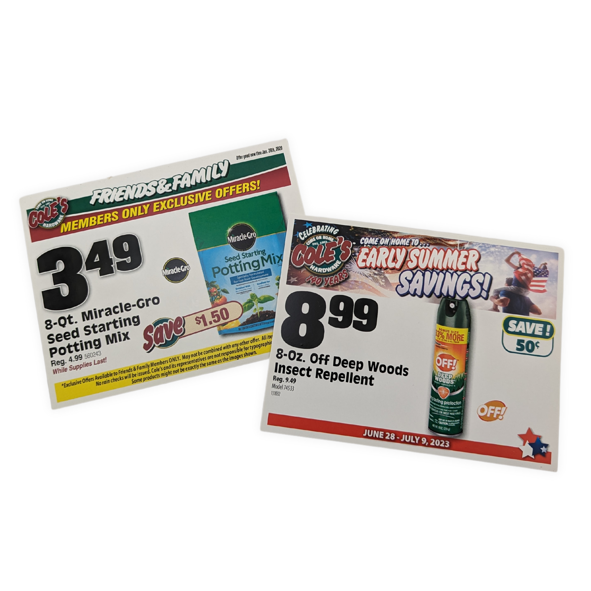 A couple of flyers that say early summer savings on them
